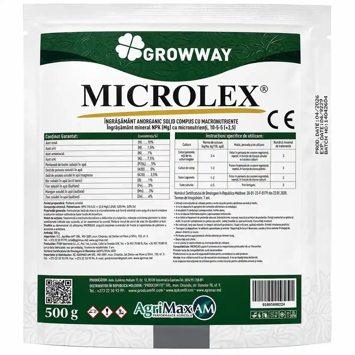 GROWWAY MICROLEX NPK (Mg) cu micronutrienți, 10-5-5 (+3,5) 0,5 kg 1