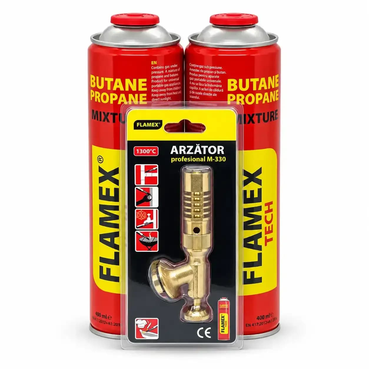 Set Arzător Profesional Sudură/Lipire si 2 Butelii Flamex, 330g, Filet 7/16'', Flamex 1